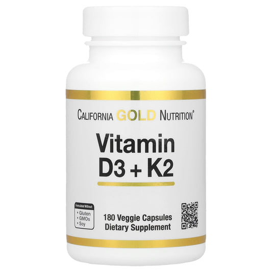 Vitamin D3 + K2 MK-7 Supplement by California Gold Nutrition, 180 Veggie Capsules - Image 1