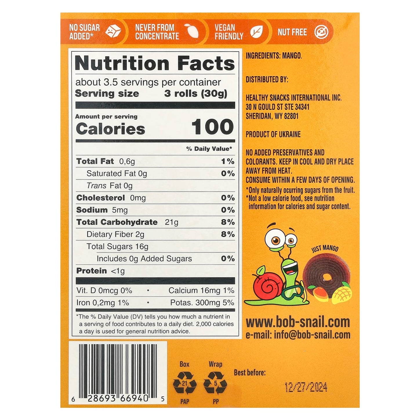 Bob Snail Mango Fruit Rolls, 10 Pouches, Vegan Friendly - Image 2