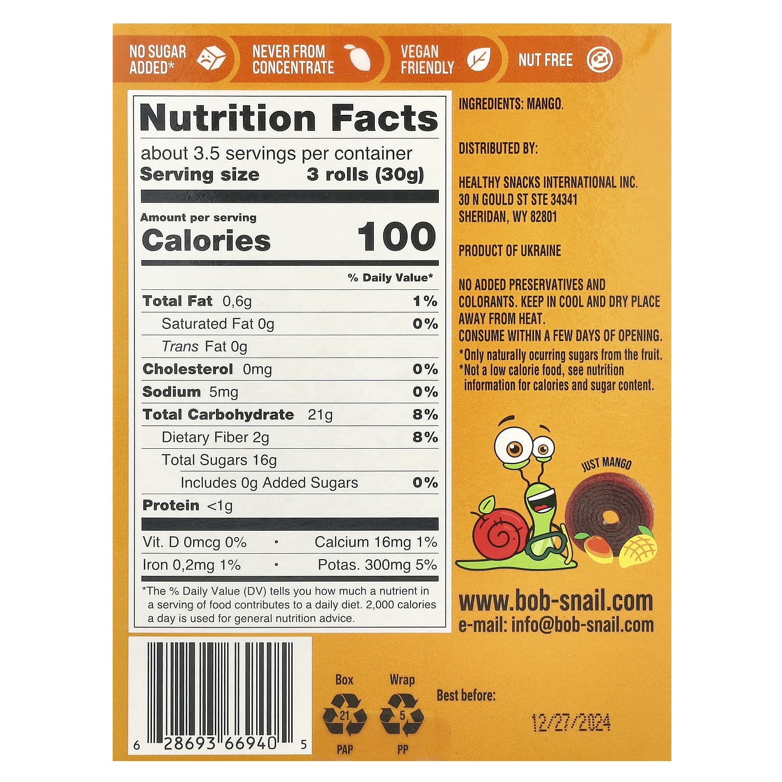Bob Snail Mango Fruit Rolls, 10 Pouches, Vegan Friendly - Image 2