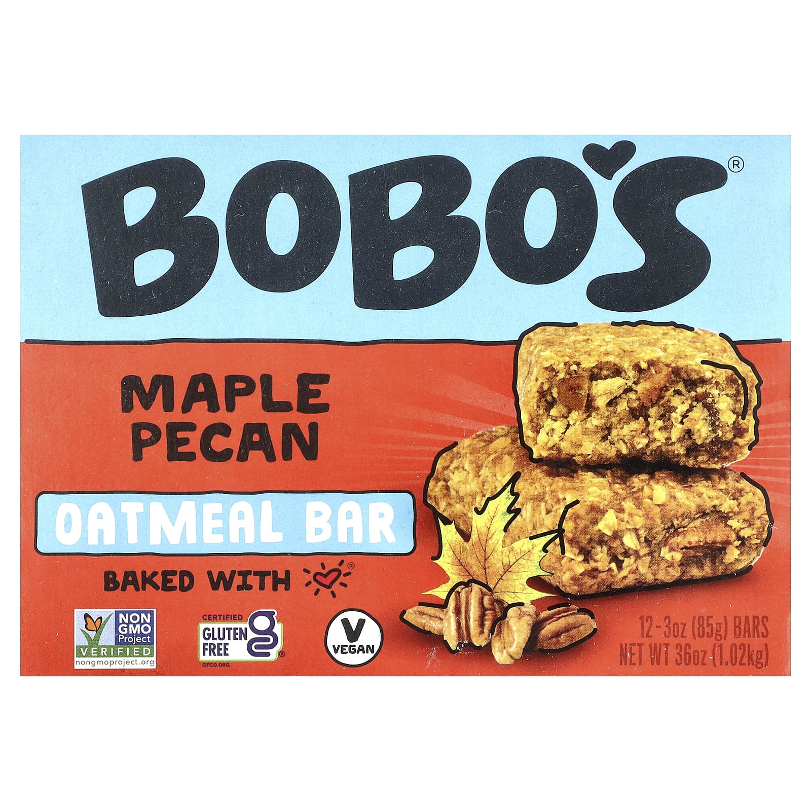 Delicious Maple Pecan Oatmeal Bars by Bobo's - 12ct, Gluten Free, Vegan - Image 1