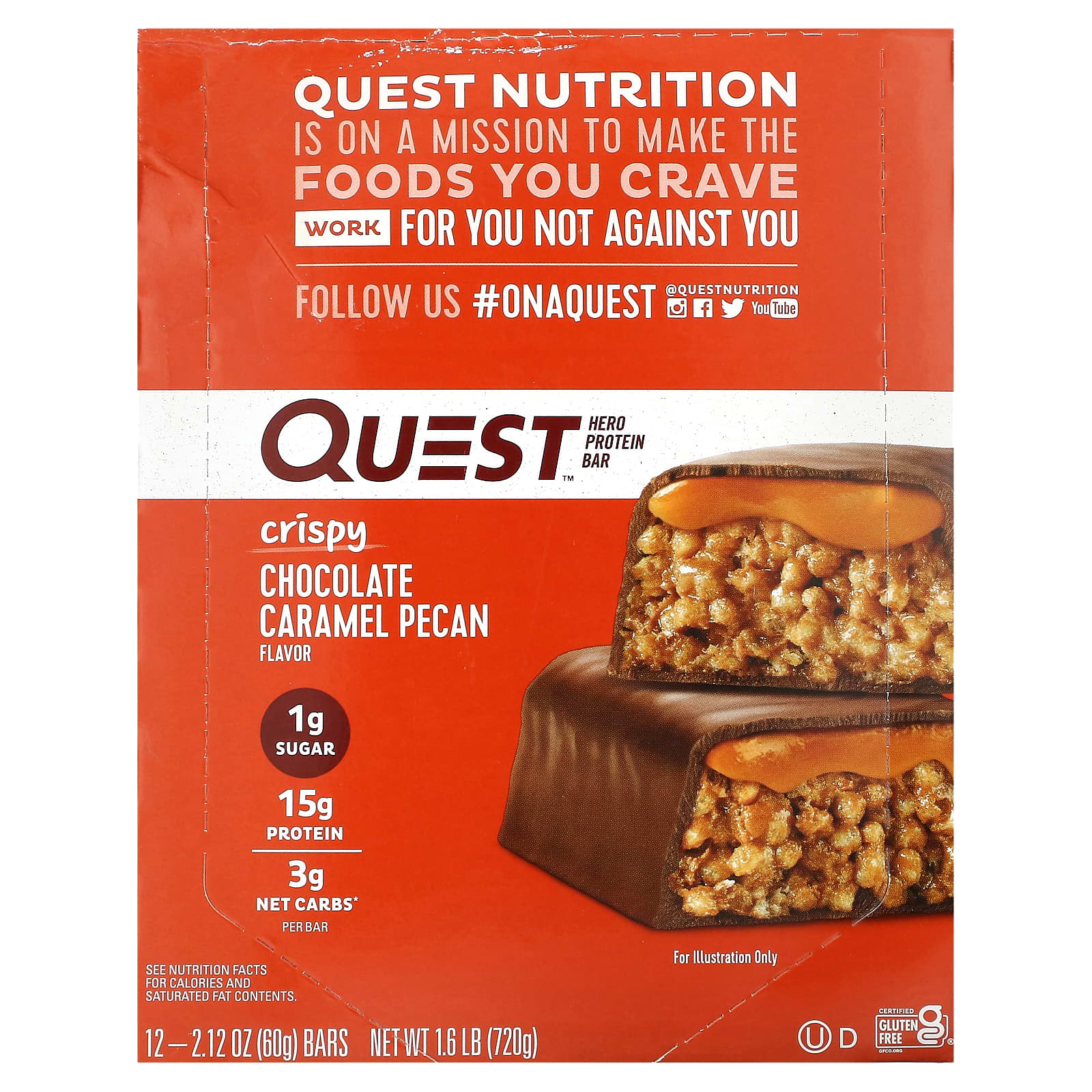 Quest Nutrition, Hero Protein Bar, Crispy Chocolate Caramel Pecan, 12 Bars, 2.12 oz (60 g) Each - Image 1