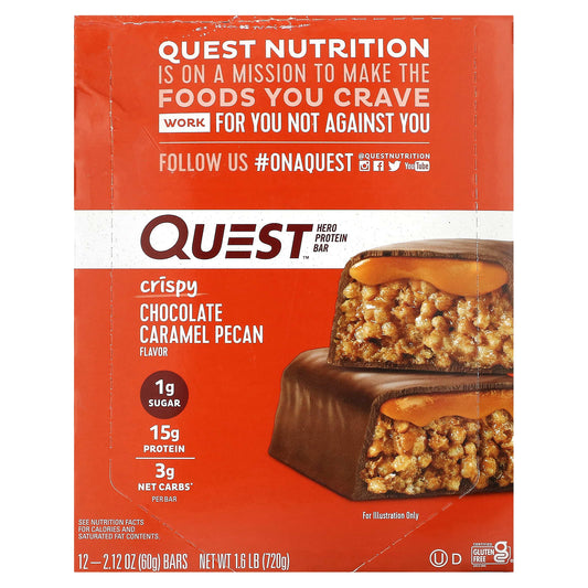 Quest Nutrition, Hero Protein Bar, Crispy Chocolate Caramel Pecan, 12 Bars, 2.12 oz (60 g) Each - Image 1