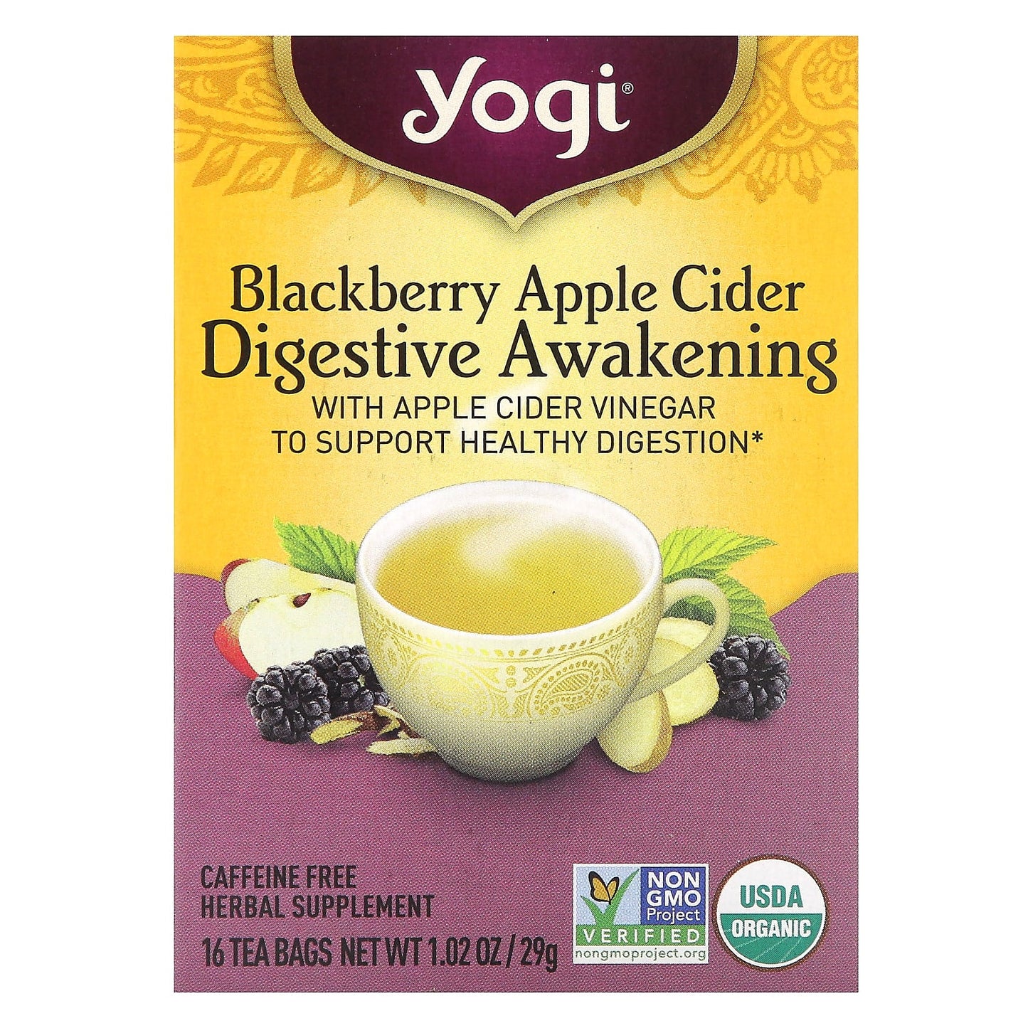 Yogi Tea, Digestive Awakening, Blackberry Apple Cider, Caffeine Free, 16 Tea Bags, 1.02 oz (29 g) - Image 1