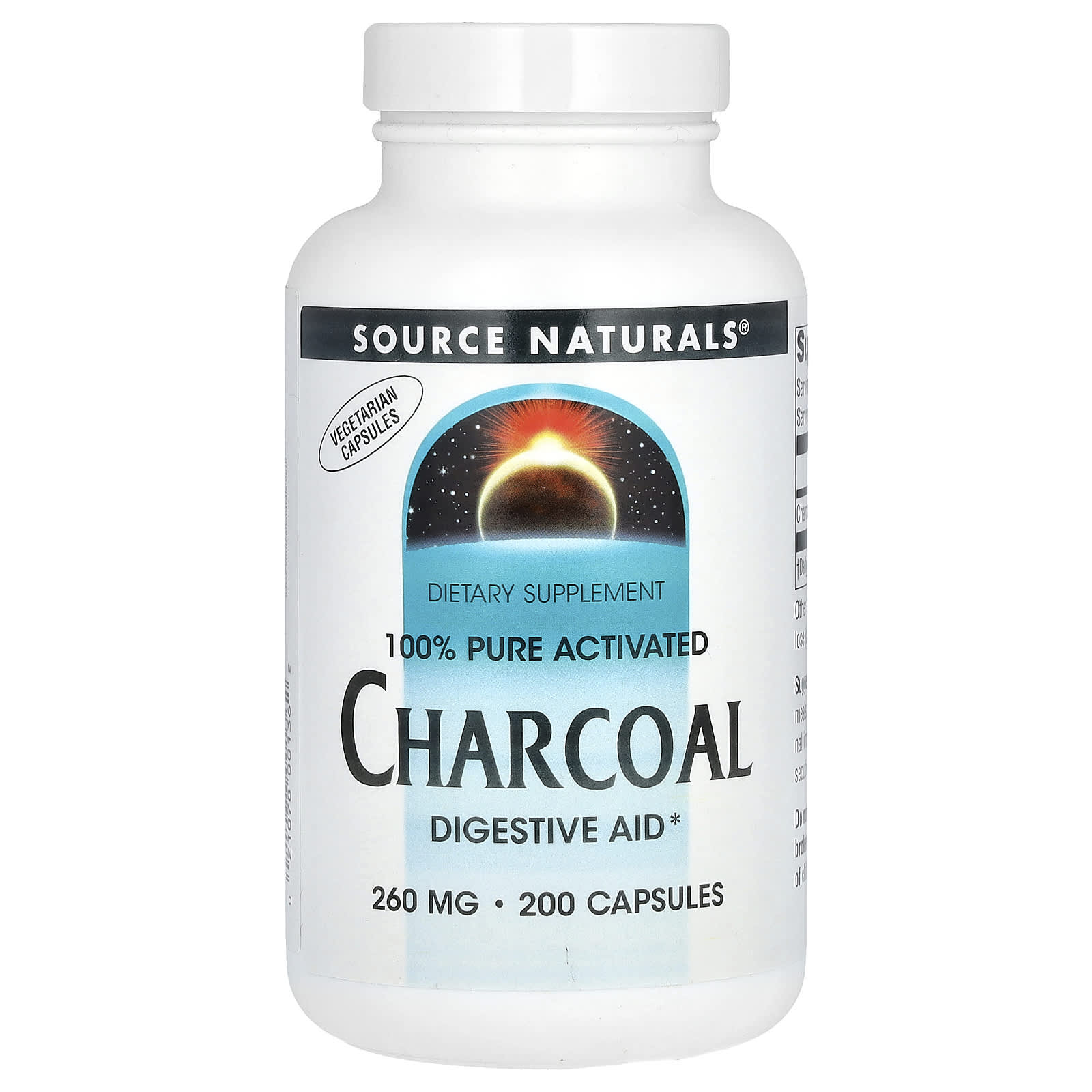 Source Naturals, 100% Pure Activated Charcoal, 260 mg , 200 Capsules - Image 1