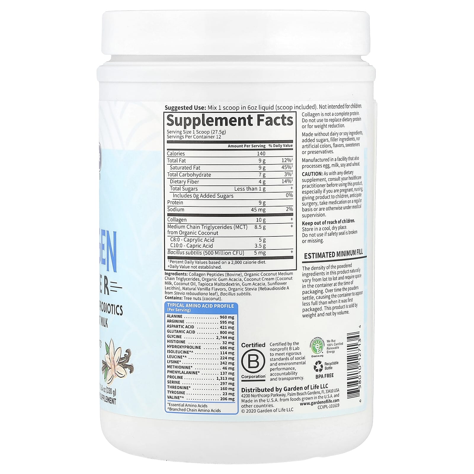 Garden of Life, Grass Fed Collagen Creamer, Creamy Vanilla, 11.64 oz (330 g)