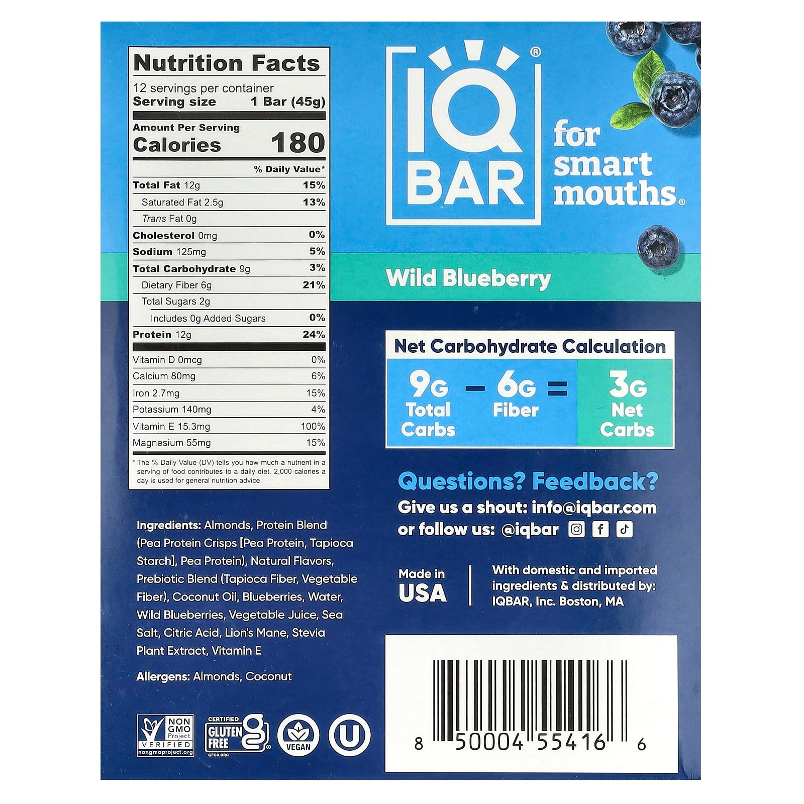 Wild Blueberry Plant-Based Protein Bars by IQBAR (12 Pack, 1.6 oz each) - Image 2