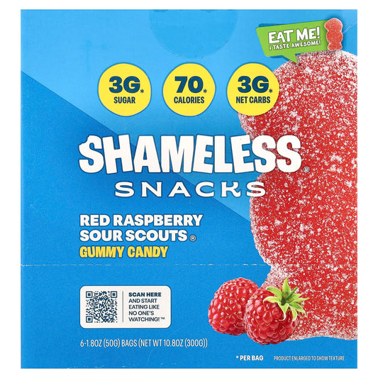 Shameless Snacks, Gummy Candy, Red Raspberry Sour Scouts®, 6 Bags, 1.8 oz (50 g) Each - Image 1