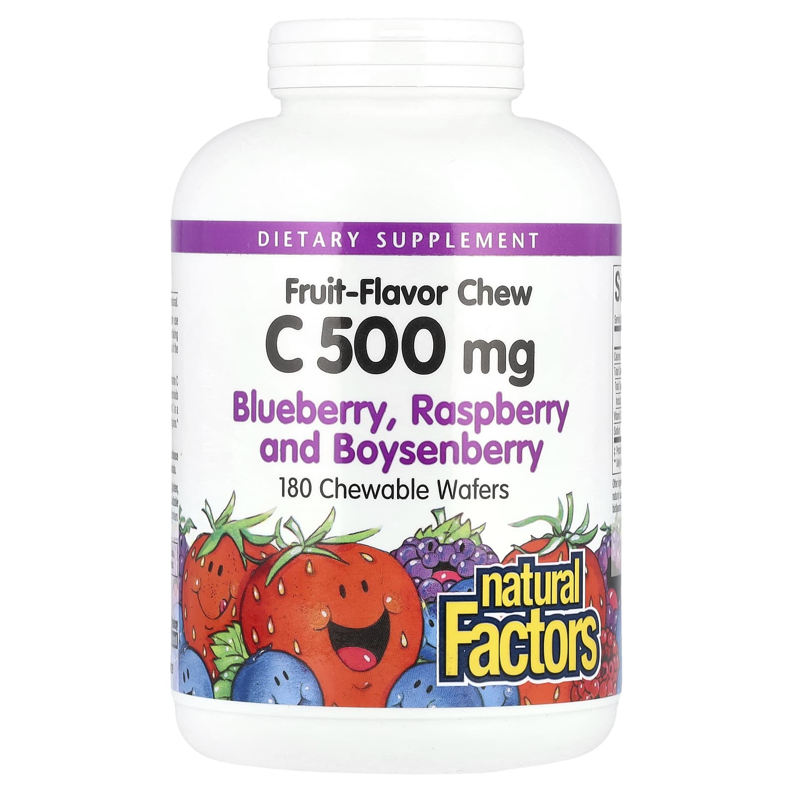 Natural Factors, Fruit-Flavor Chew Vitamin C, Blueberry, Raspberry and Boysenberry, 500 mg, 180 Chewable Wafers - Image 1