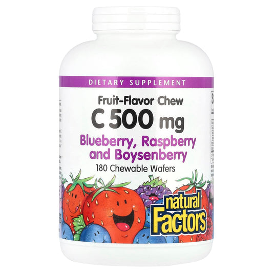 Natural Factors, Fruit-Flavor Chew Vitamin C, Blueberry, Raspberry and Boysenberry, 500 mg, 180 Chewable Wafers - Image 1