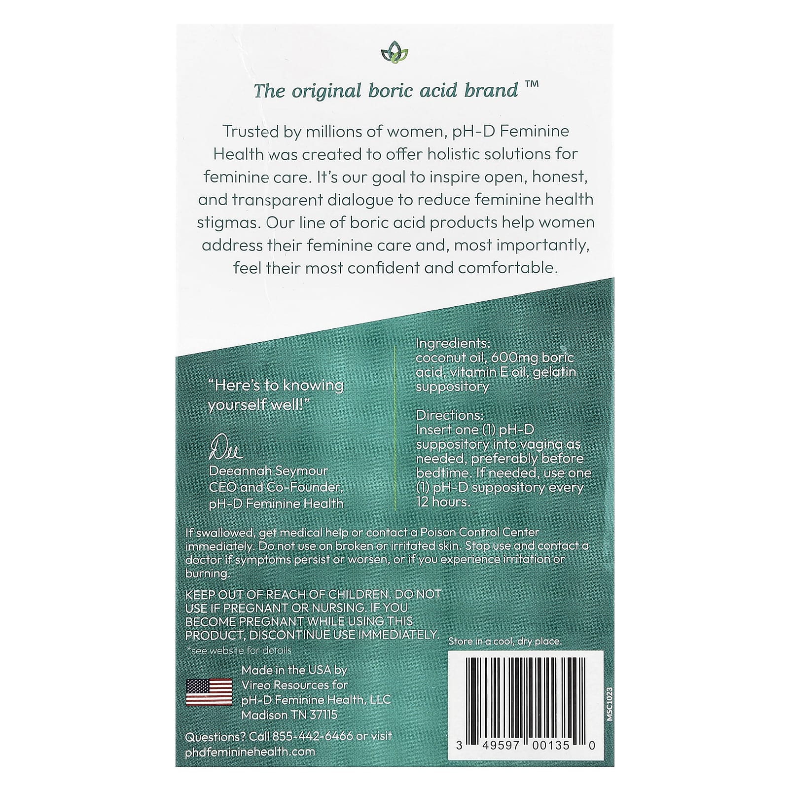 pH-D Feminine Health, Boric Acid, Vaginal Suppositories, 600 mg, 14 count - Image 2