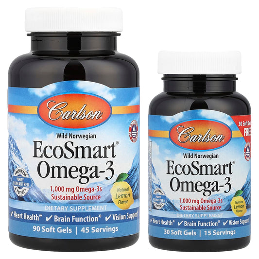Carlson, Wild Norwegian, EcoSmart® Omega-3, Natural Lemon, 1,000 mg, 120 Soft Gels (500 mg per Soft Gel)