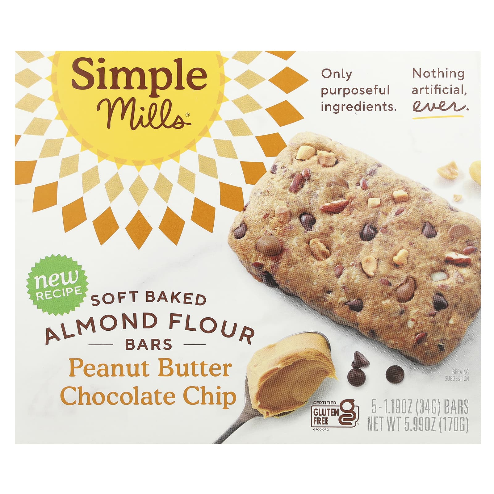 Simple Mills, Soft Baked Almond Flour Bars, Peanut Butter Chocolate Chip,  5 Bars, 1.19 oz (34 g) Each - Image 1