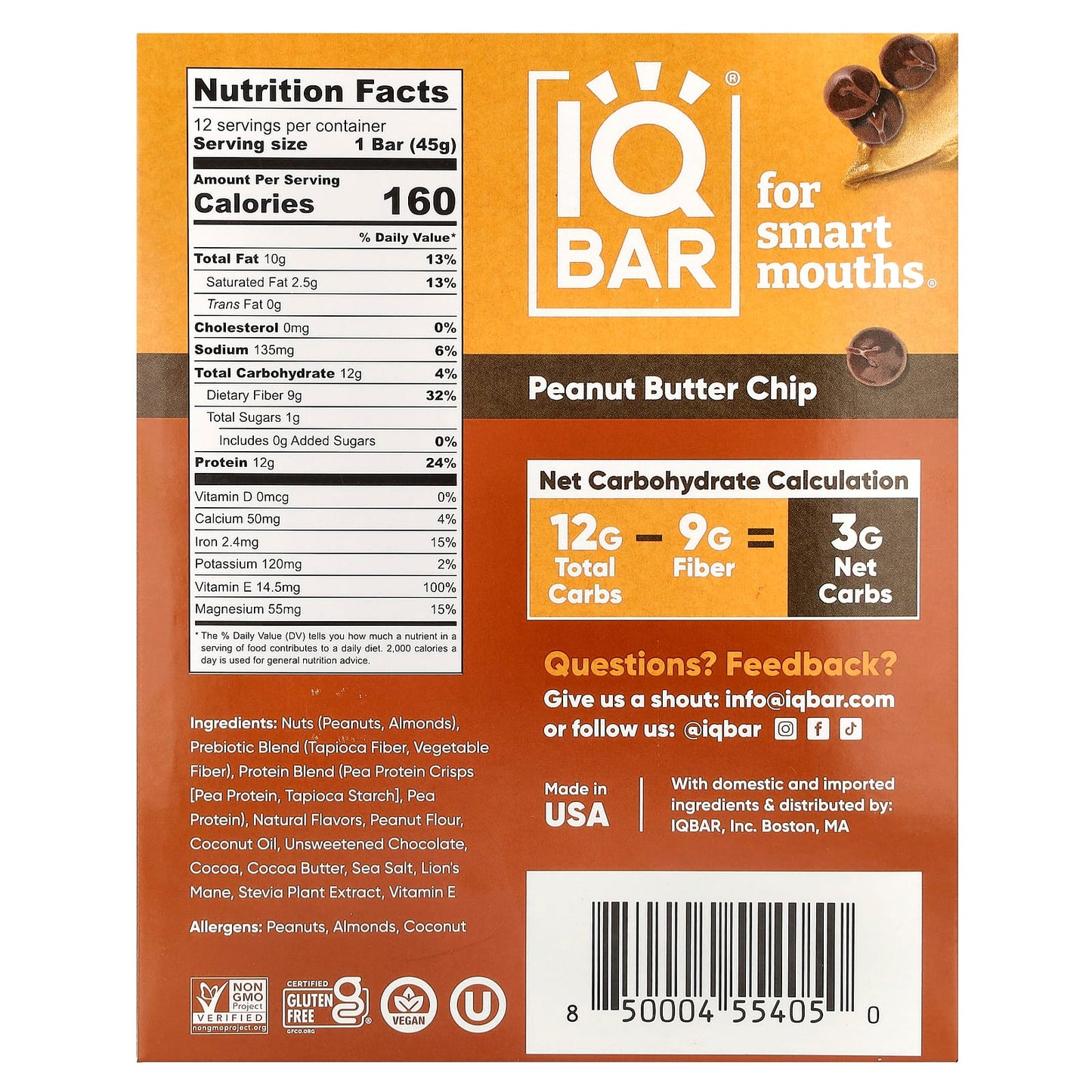 IQBAR Peanut Butter Chip Brain Fuel Bars, 12 x 1.6 oz (45g) Vegan & Gluten-Free - Image 2