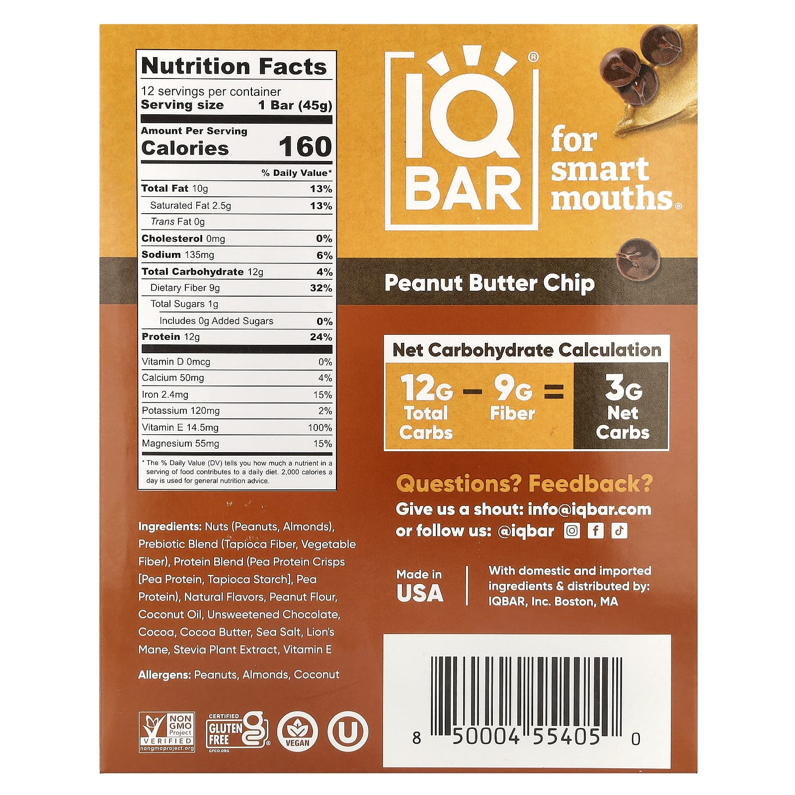 IQBAR Peanut Butter Chip Brain Fuel Bars, 12 x 1.6 oz (45g) Vegan & Gluten-Free - Image 2