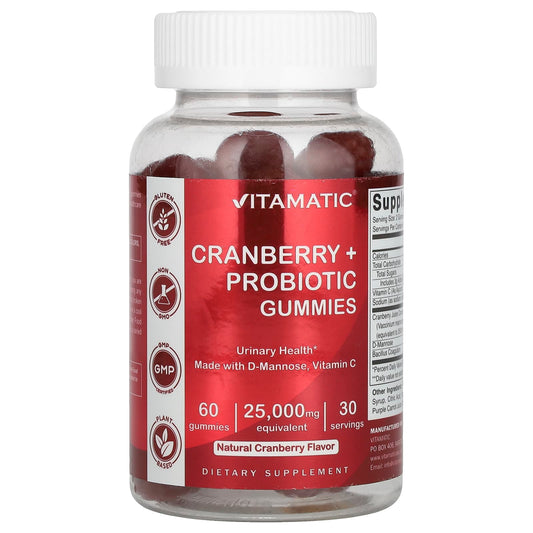 Vitamatic, Cranberry + Probiotic Gummies, Natural Cranberry, 25,000 mg, 60 Gummies (12,500 mg per Gummy) - Image 1