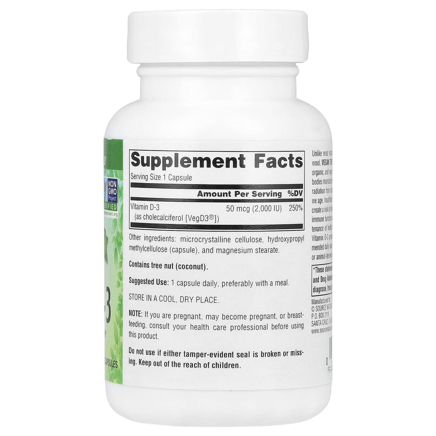 Source Naturals, Vegan True®, Non-GMO Vitamin D-3, 50 mcg (2,000 IU), 120 Vegan Capsules