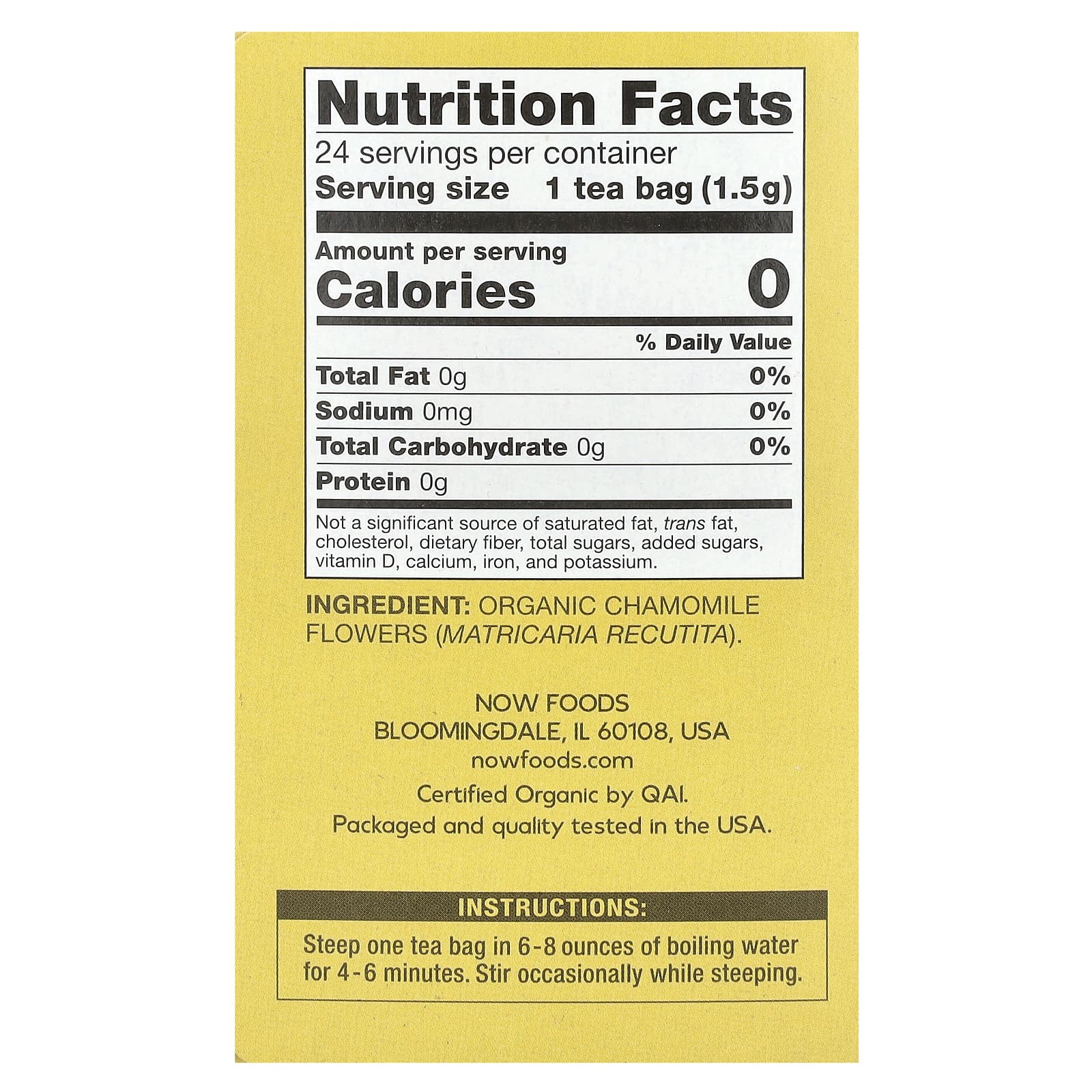 NOW Foods, Organic Chamomile, Caffeine Free, 24 Tea Bags, 1.27 oz (36 g) - Image 2