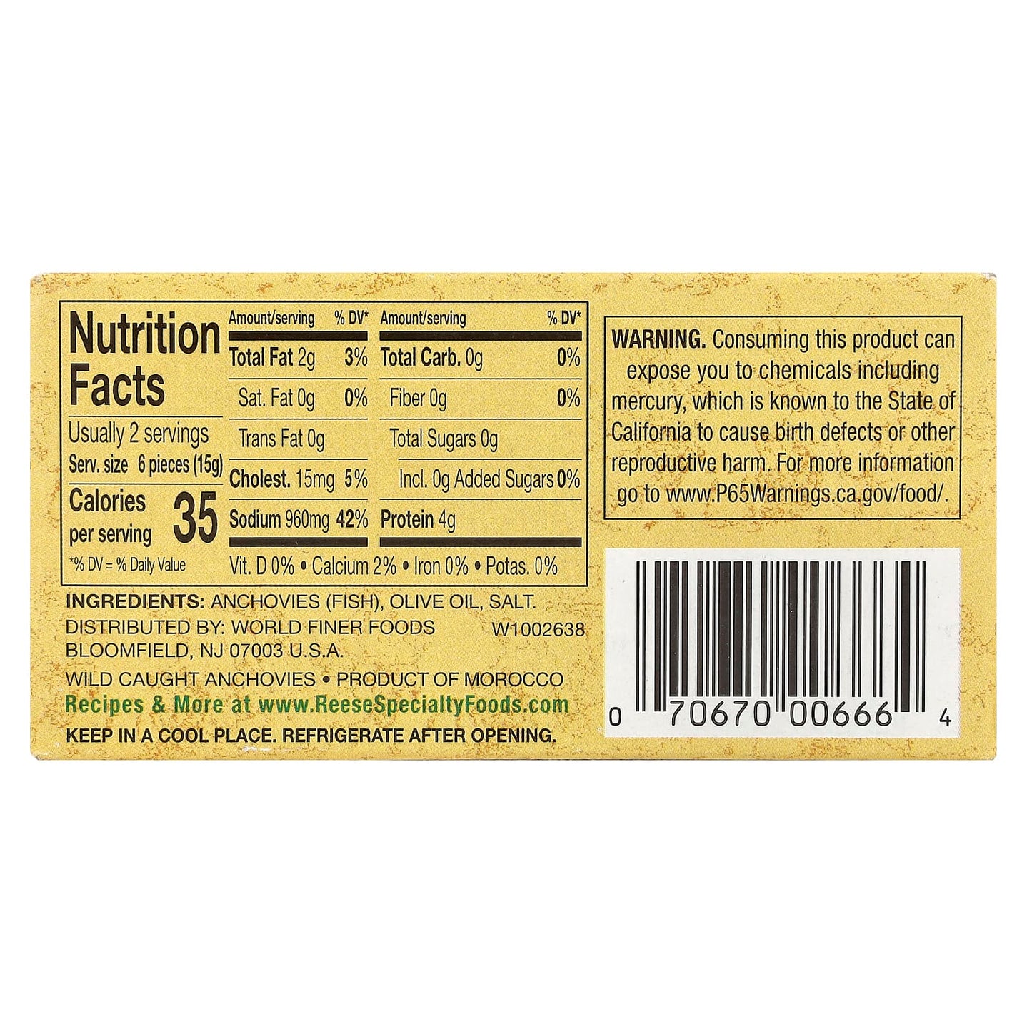 Reese, Flat Fillets of Anchovies in Pure Olive Oil, 2 oz (56 g) - Image 2