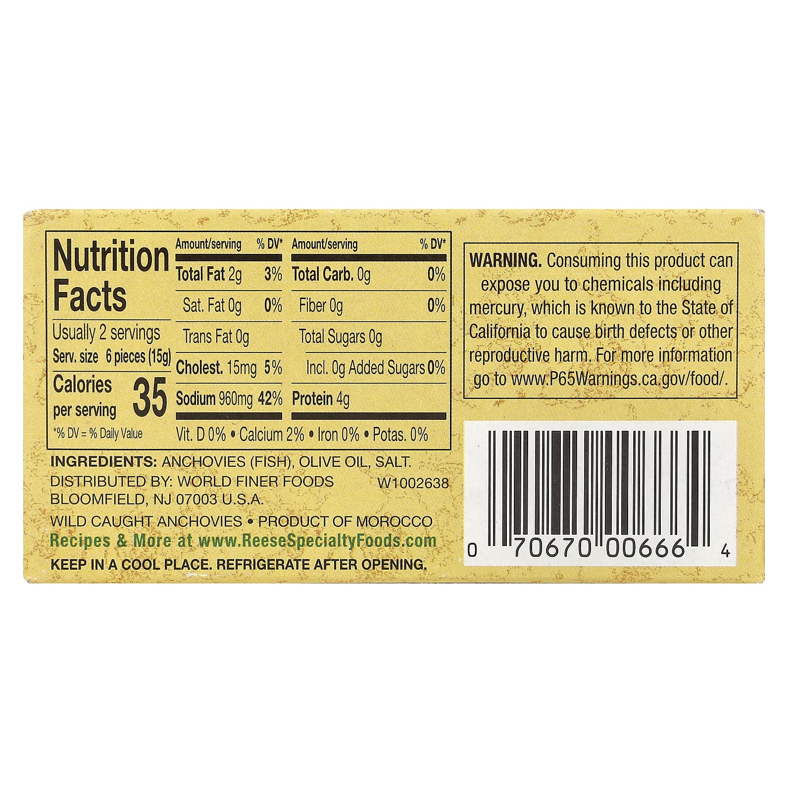 Reese, Flat Fillets of Anchovies in Pure Olive Oil, 2 oz (56 g) - Image 2