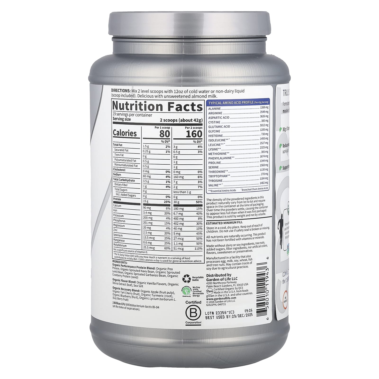 Garden of Life Sport Organic Plant-Based Protein, Vanilla, 1 lb 12 oz - Image 2