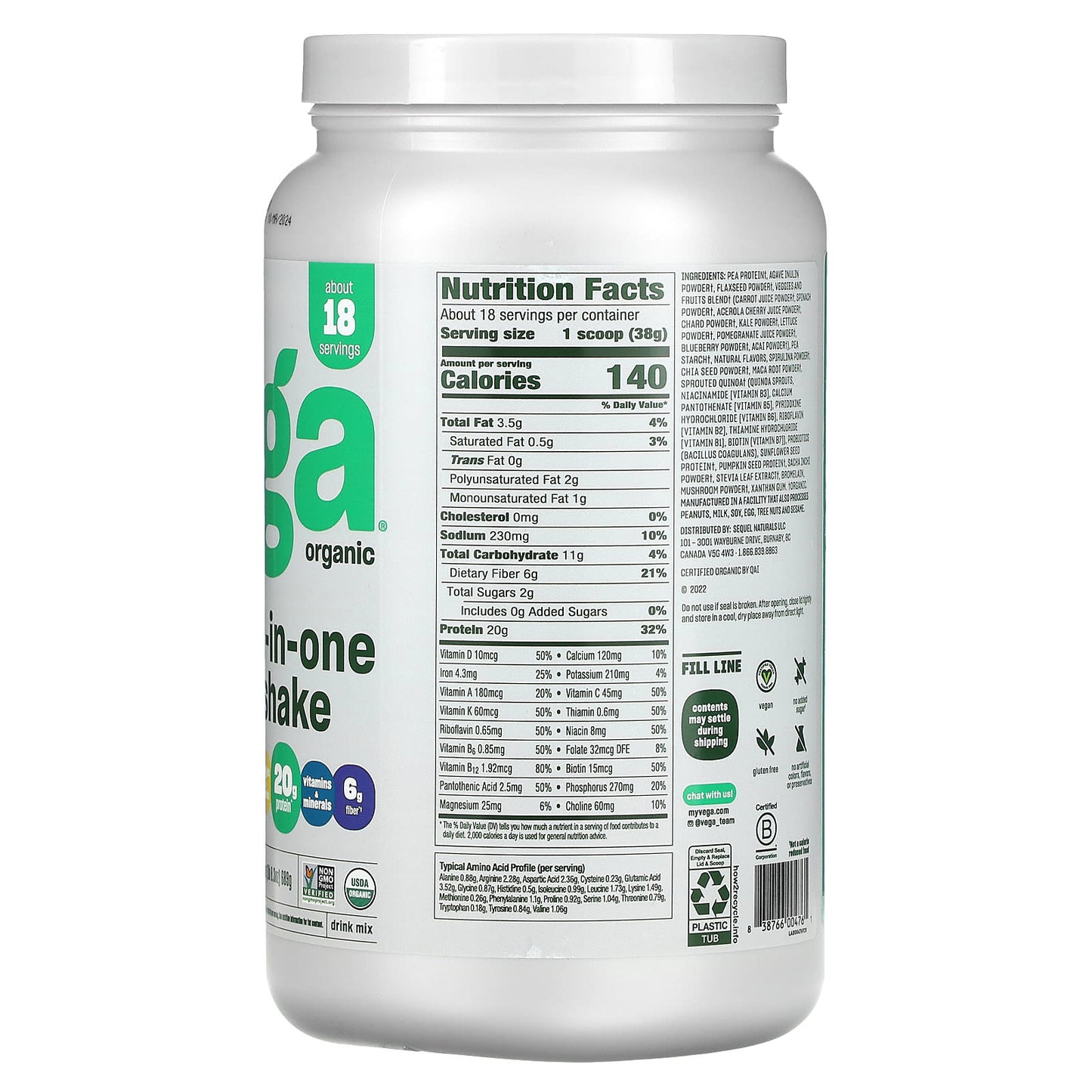 Vega, Plant-Based Organic All-In-One Shake, French Vanilla, 1 lb 8.3 oz (689 g) - Image 2