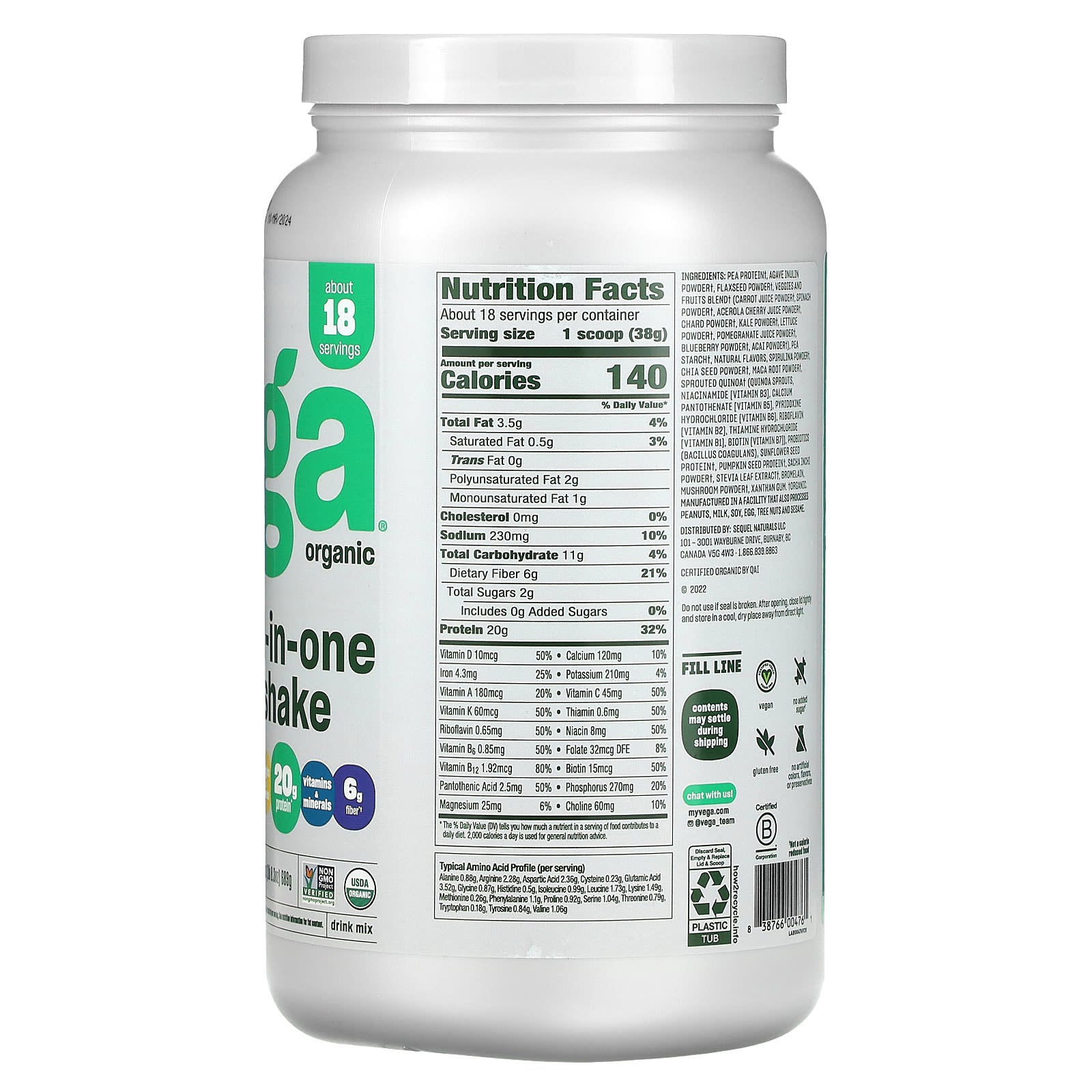 Vega, Plant-Based Organic All-In-One Shake, French Vanilla, 1 lb 8.3 oz (689 g) - Image 2