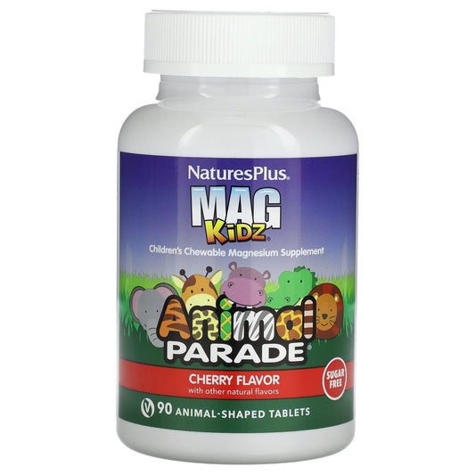 NaturesPlus, MagKidz, Animal Parade, Children's Chewable Magnesium, Cherry, 90 Animal-Shaped Tablets (50 mg per Tablet) - Image 1