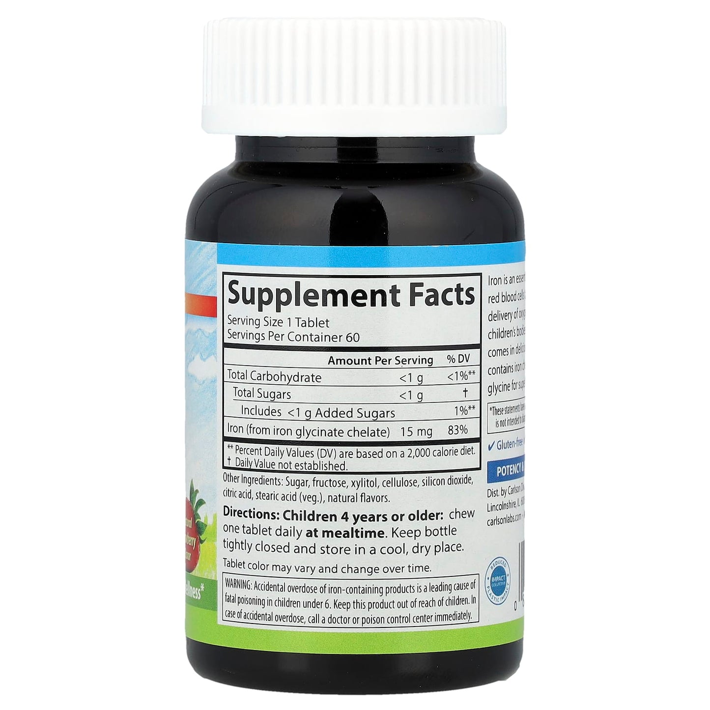 Carlson Natural Strawberry Kid's Chewable Iron Supplement 15mg 60 Tablets - Image 2