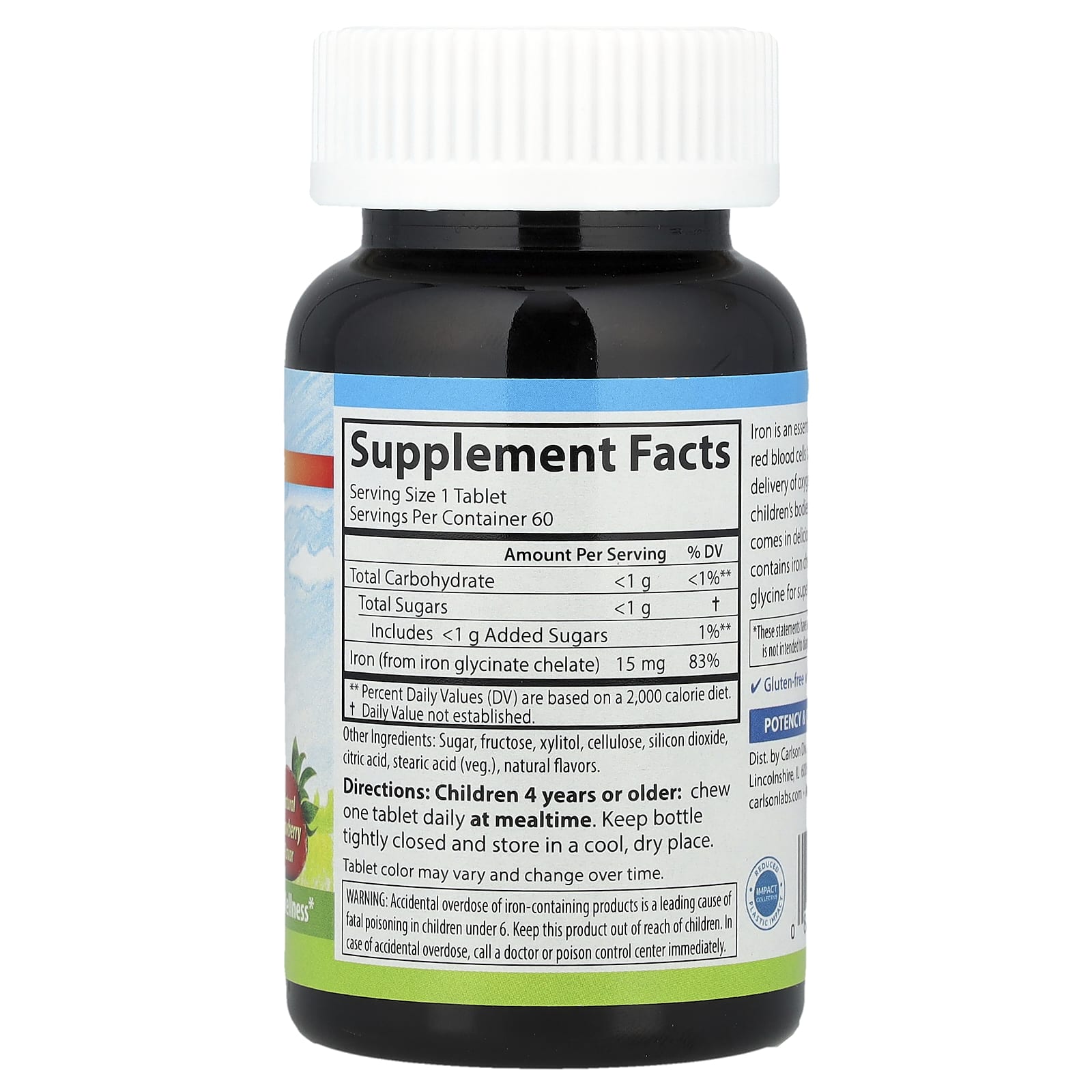 Carlson Natural Strawberry Kid's Chewable Iron Supplement 15mg 60 Tablets - Image 2