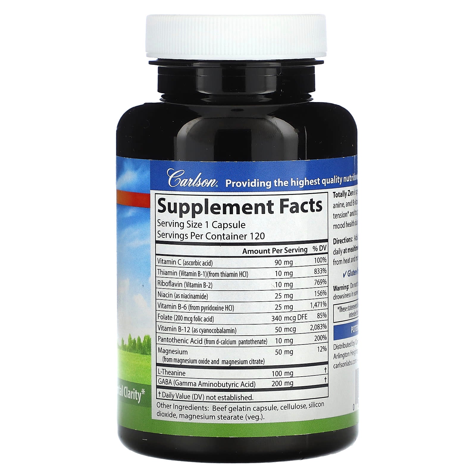 Carlson Totally Zen GABA L-Theanine B Vitamins 120 Capsules - Image 2