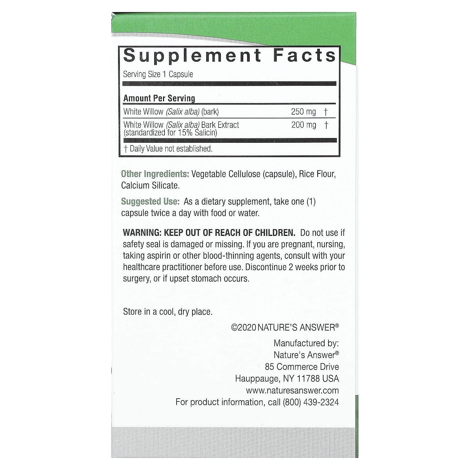 Nature's Answer, White Willow, 450 mg , 60 Vegetarian Capsules - Image 2
