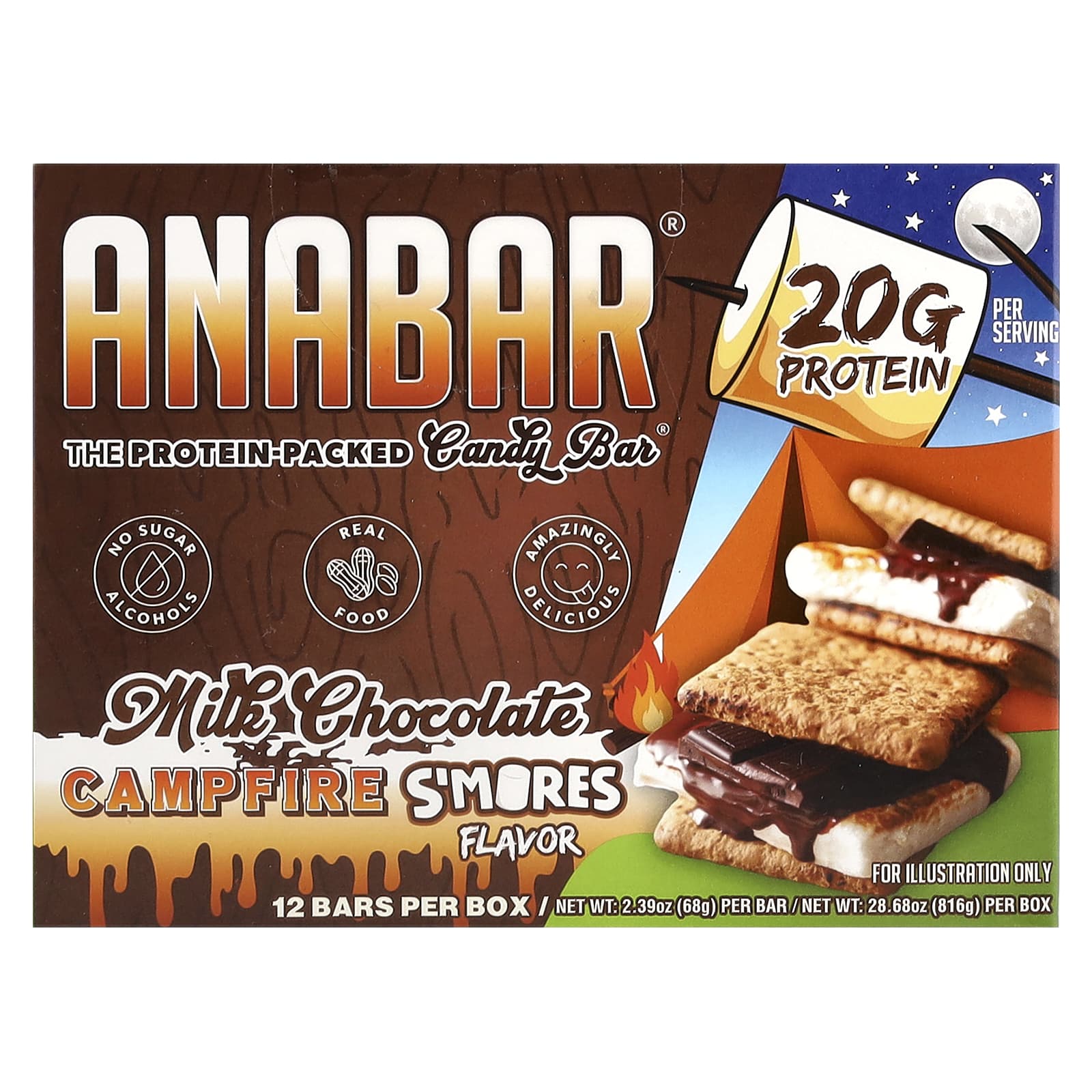 The Anabar, The Protein-Packed Candy Bar®, Milk Chocolate Campfire S'Mores, 12 Bars, 2.39 oz (68 g) Each