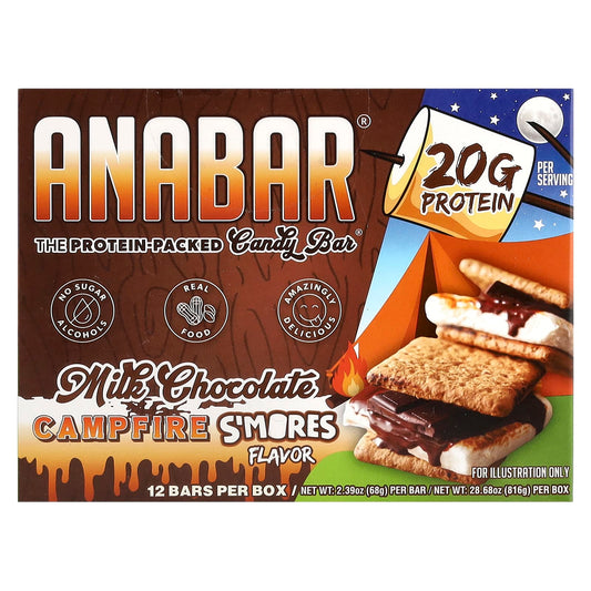 The Anabar, The Protein-Packed Candy Bar®, Milk Chocolate Campfire S'Mores, 12 Bars, 2.39 oz (68 g) Each
