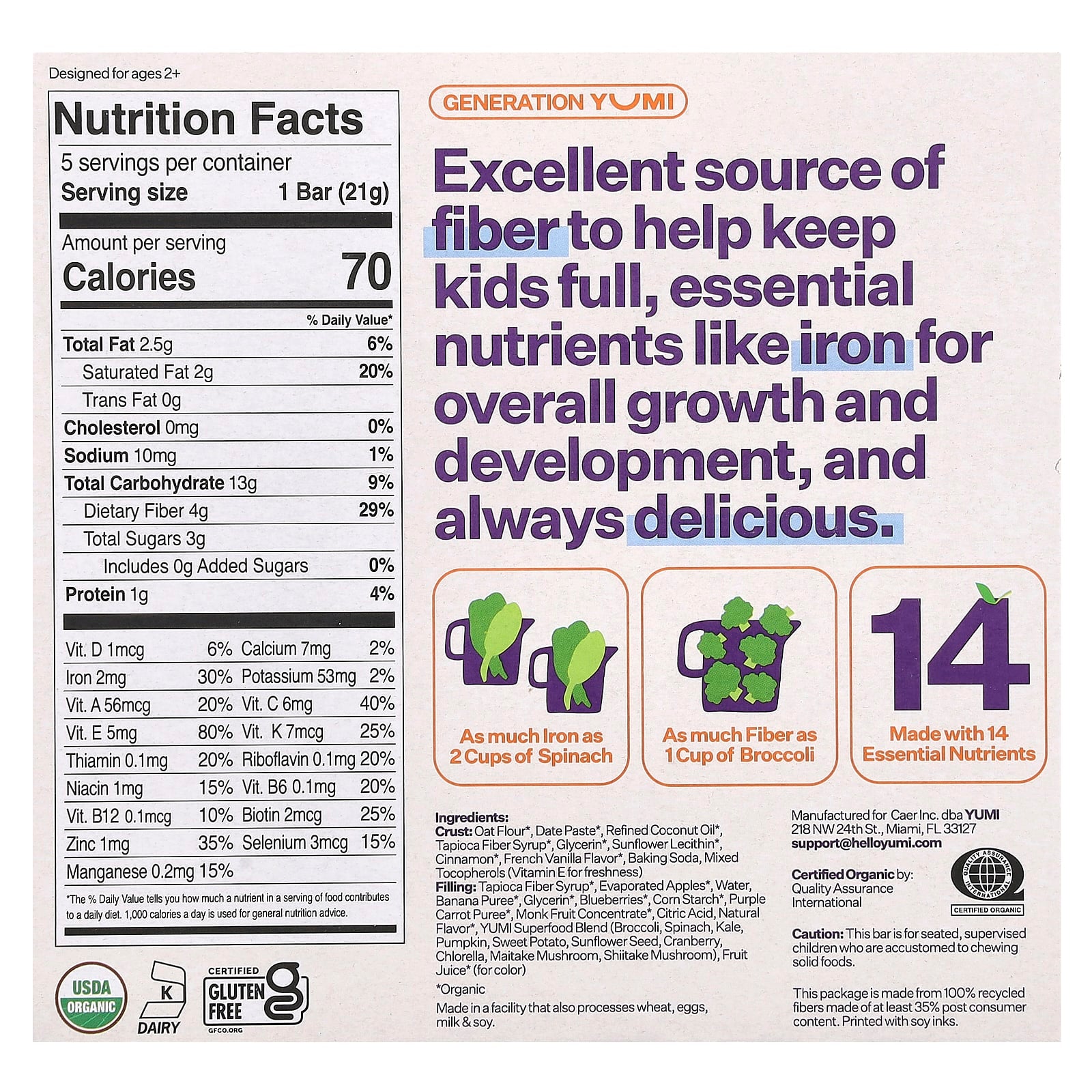 Yumi, Organic Bar, Toddler, Blueberry & Purple Carrot, 5 Bars, 0.74 oz (21 g) Each - Image 2