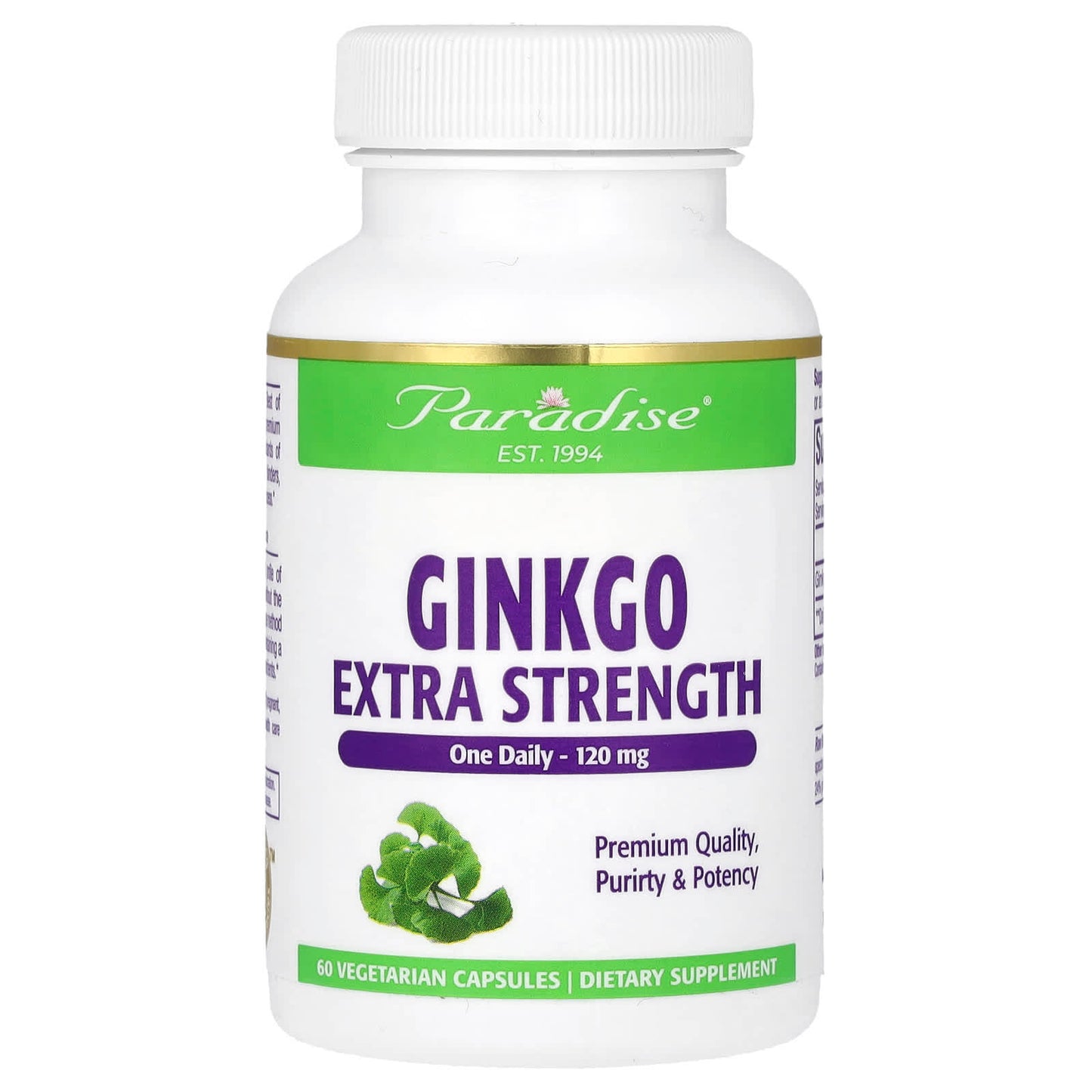 Paradise Herbs, Ginkgo, Extra Strength, 120 mg, 60 Vegetarian Capsules - Image 1