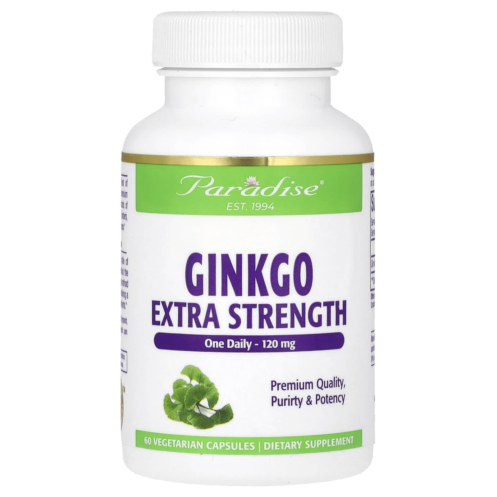 Paradise Herbs, Ginkgo, Extra Strength, 120 mg, 60 Vegetarian Capsules - Image 1