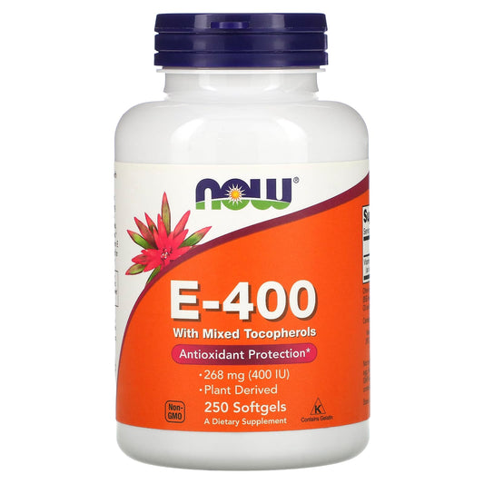 NOW Foods, E-400 with Mixed Tocopherols, 268 mg (400 IU), 250 Softgels - Image 1