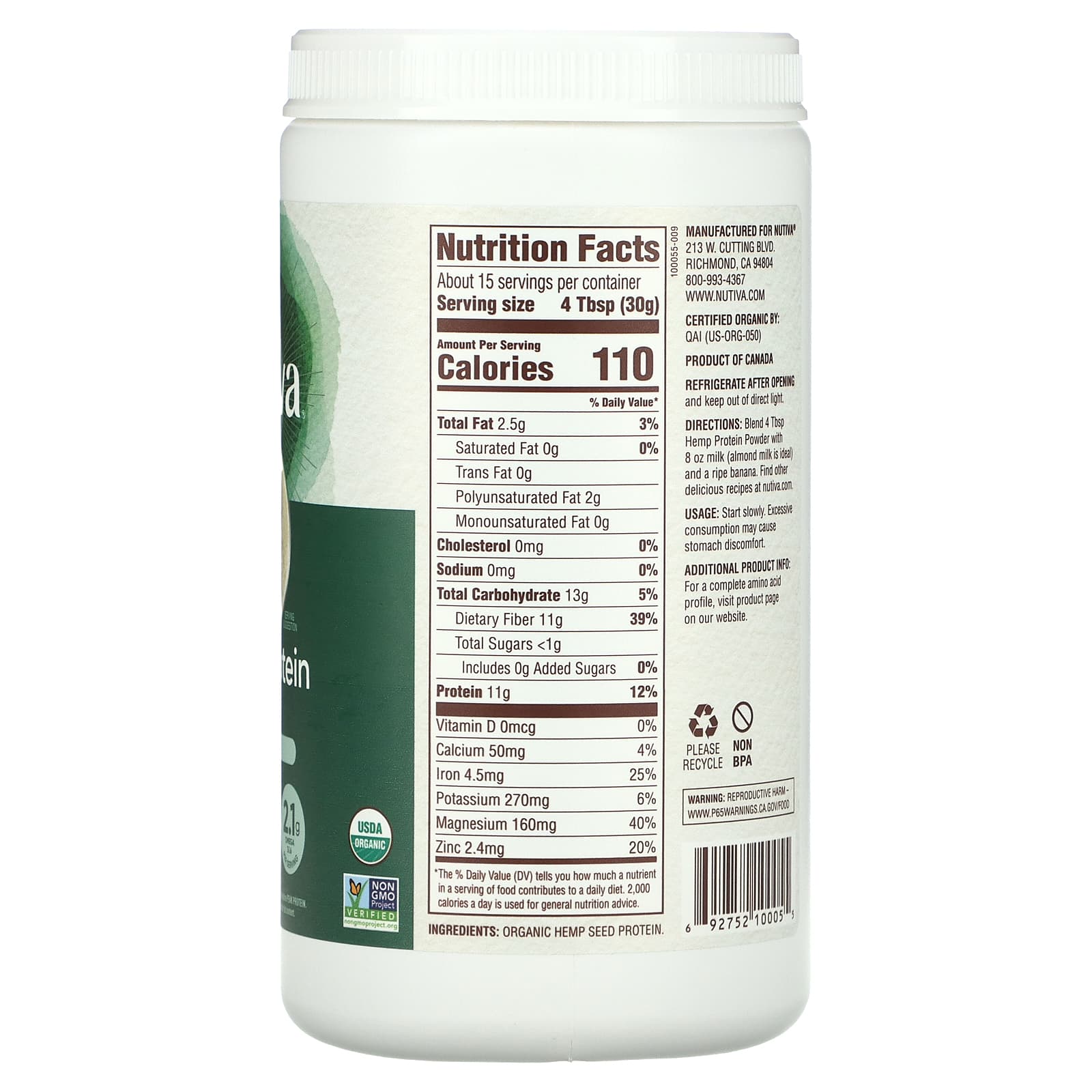 Nutiva, Organic Hemp Protein Powder, Fiber Plus, 1 lb (454 g) - Image 2