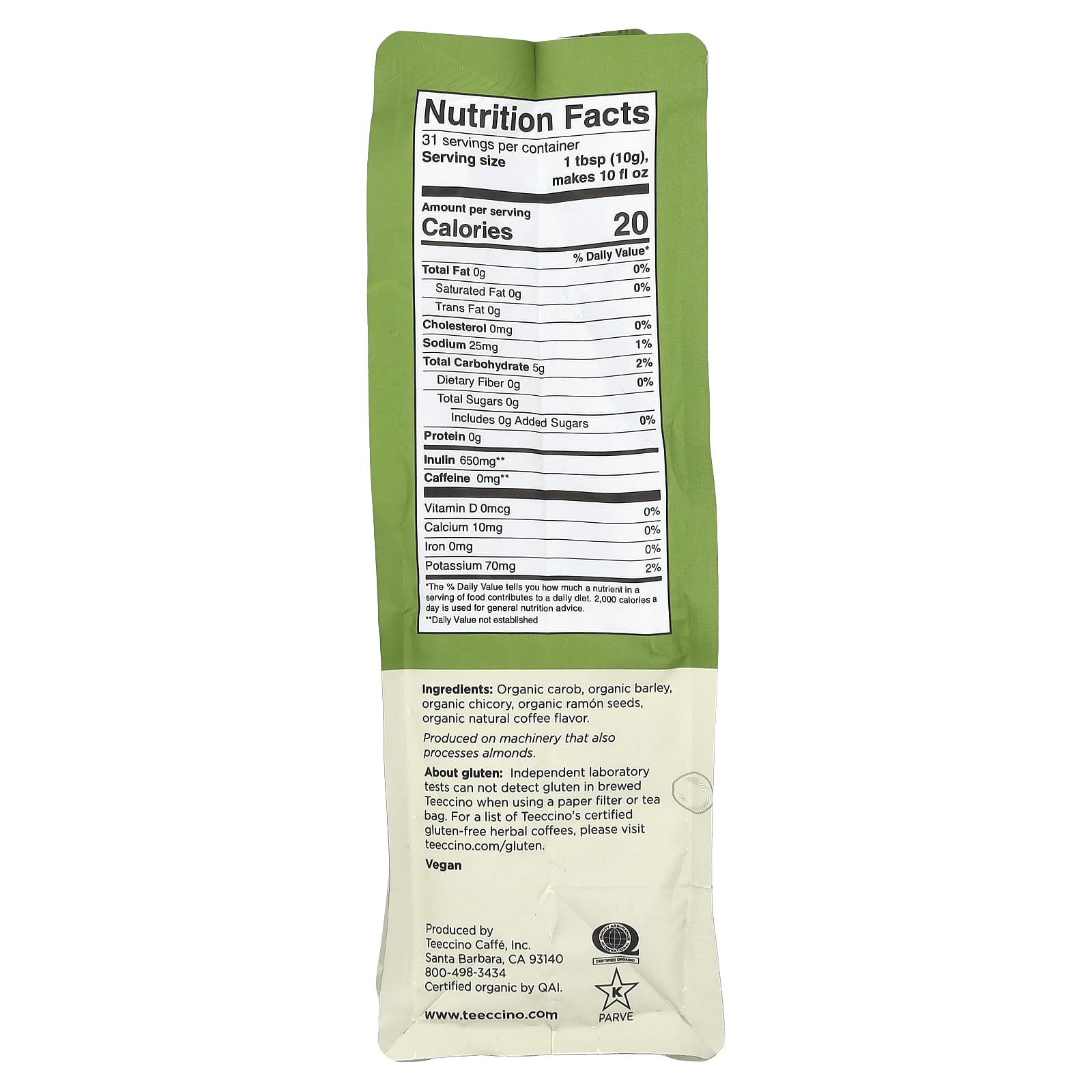 Teeccino, Organic Chicory Herbal Coffee, French Roast, Dark Roast, Caffeine Free, 11 oz (312 g) - Image 2