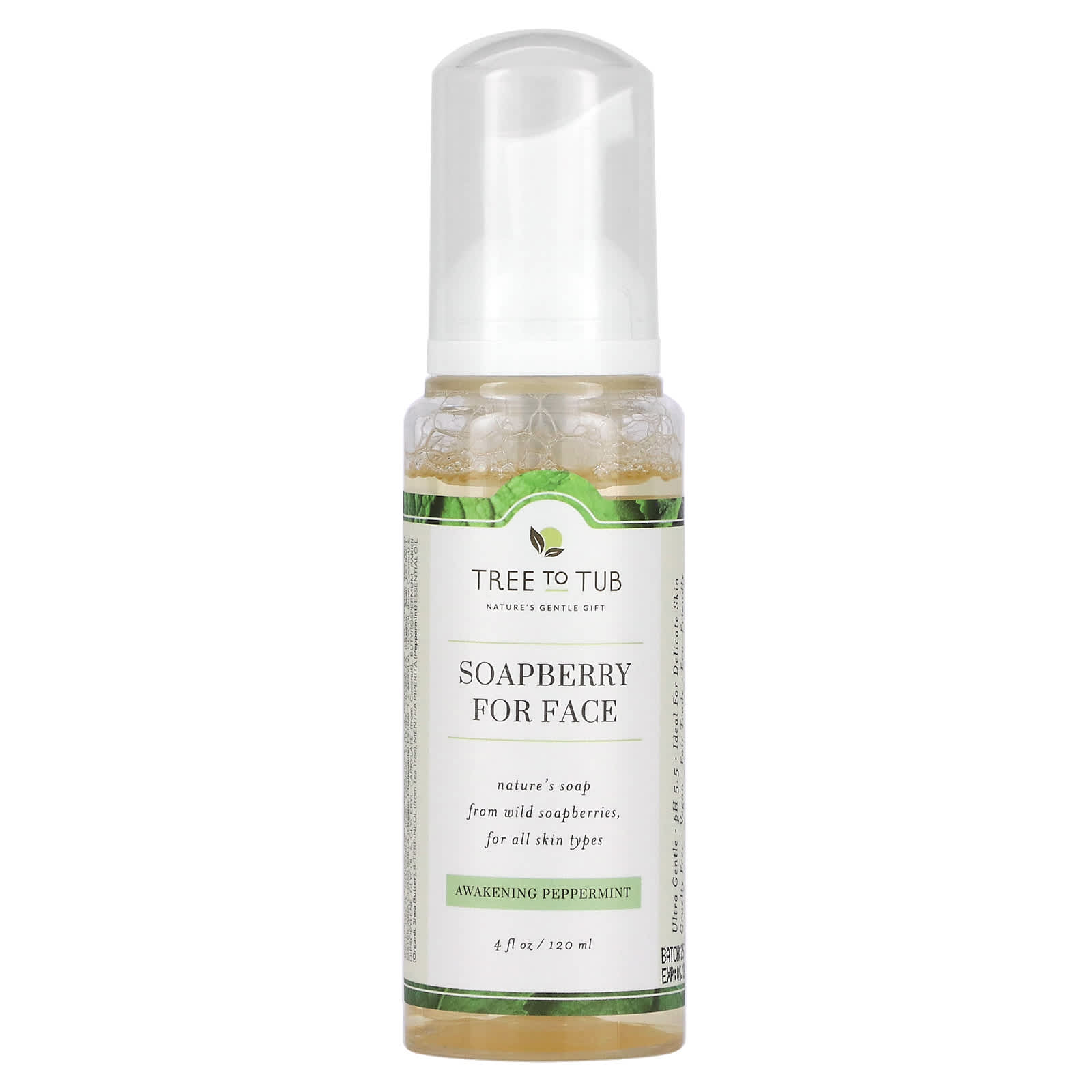 Tree To Tub, Soapberry Gentle Foaming Face Wash Cleanser, Oil Free, pH Balanced for Oily, Sensitive Skin, Awakening Peppermint, 4 fl oz (120 ml) - Image 1