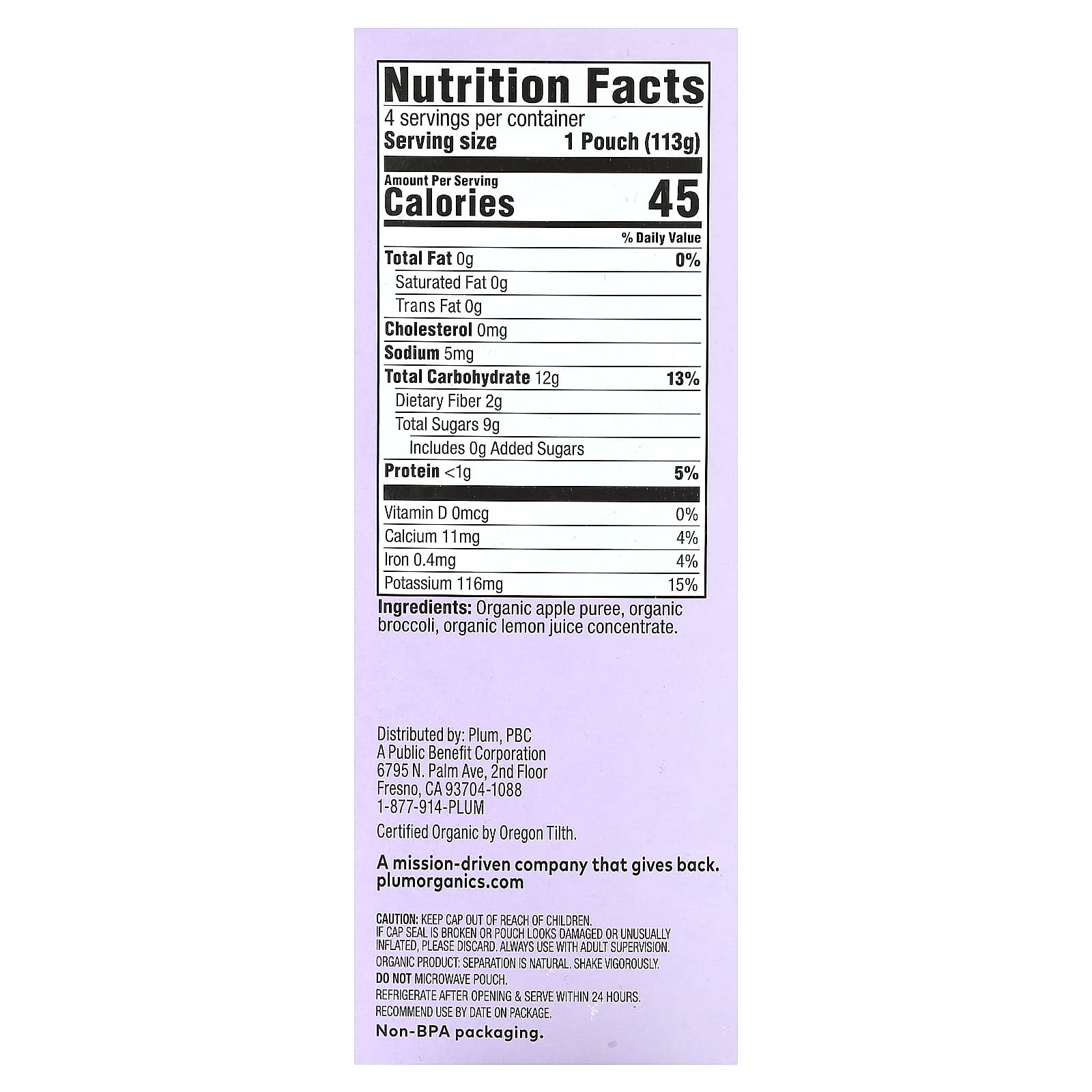 Plum Organics, Organic Baby Food, 6+ Months, Apple + Broccoli, 4 Pouches, 4 oz (113 g) Each - Image 2