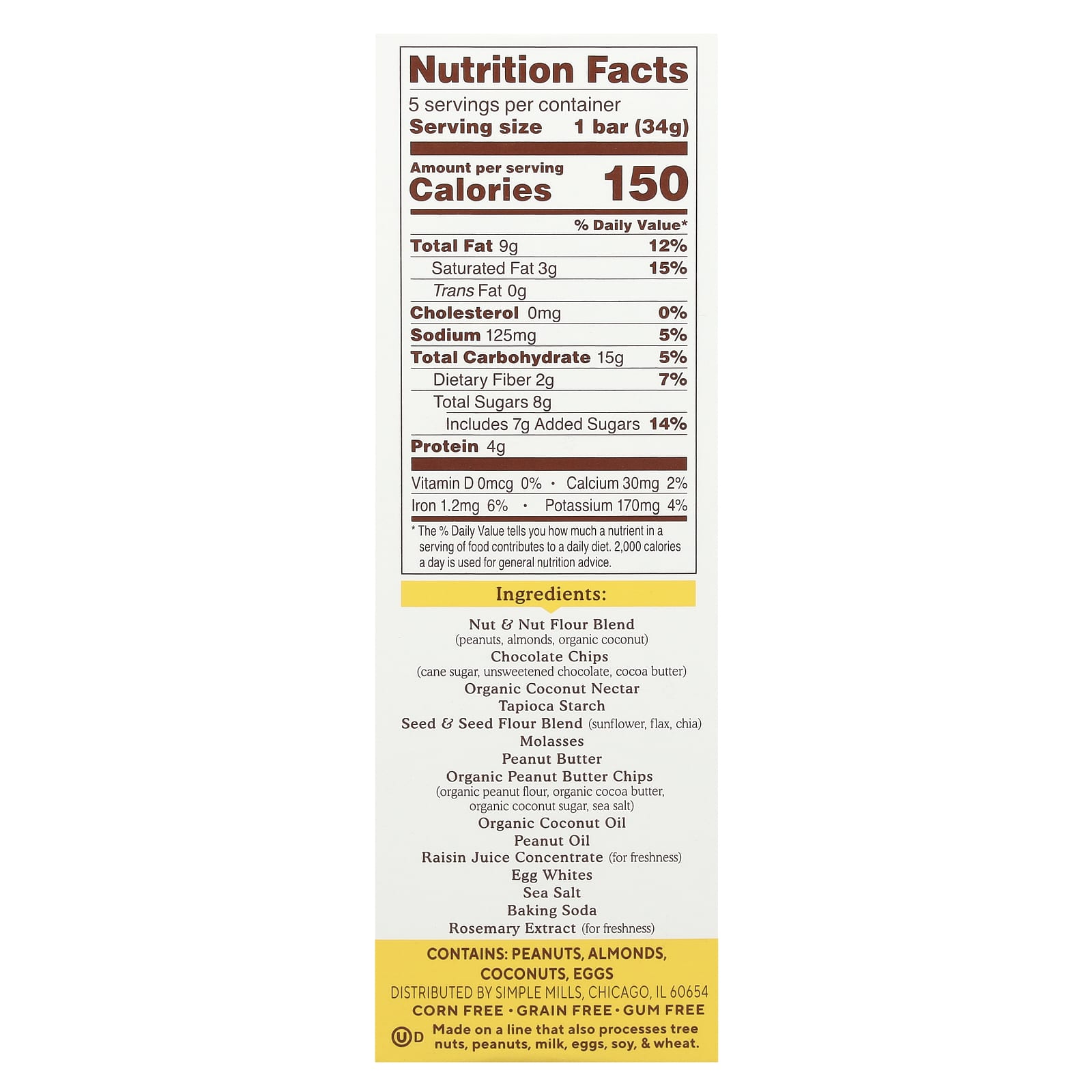 Simple Mills, Soft Baked Almond Flour Bars, Peanut Butter Chocolate Chip,  5 Bars, 1.19 oz (34 g) Each - Image 2