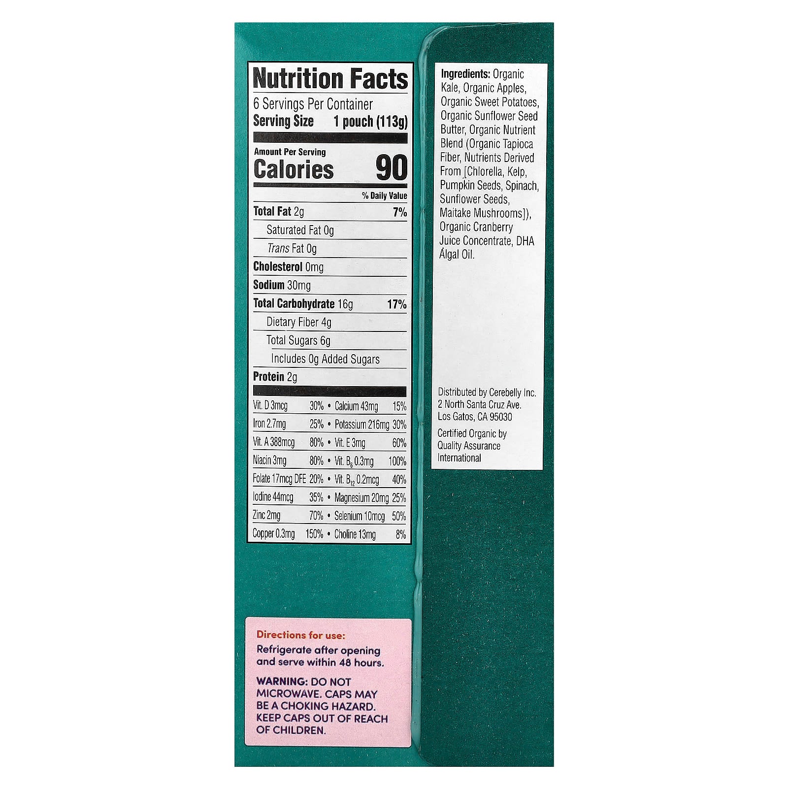 Organic Baby Food Pouches, Brain-Supporting Nutrients, 6 Pouches, 4 oz Each - Image 2