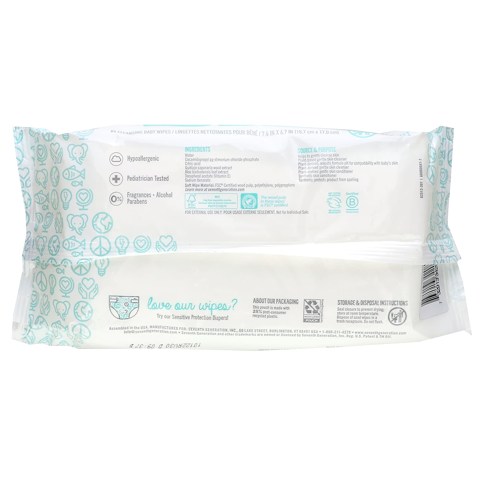 Seventh Generation, Sensitive Protection Cleansing Baby Wipes, 64 Wipes - Image 2