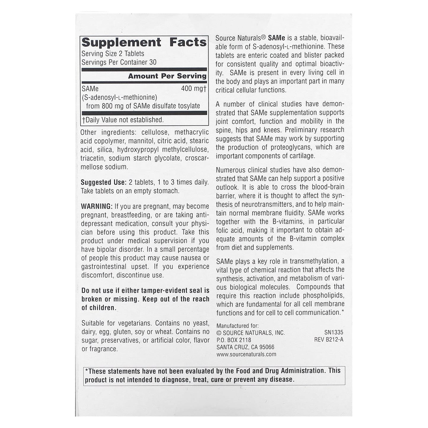 Source Naturals, SAMe S-Adenosyl-L-Methionine, 200 mg, 60 Enteric Coated Tablets - Image 2