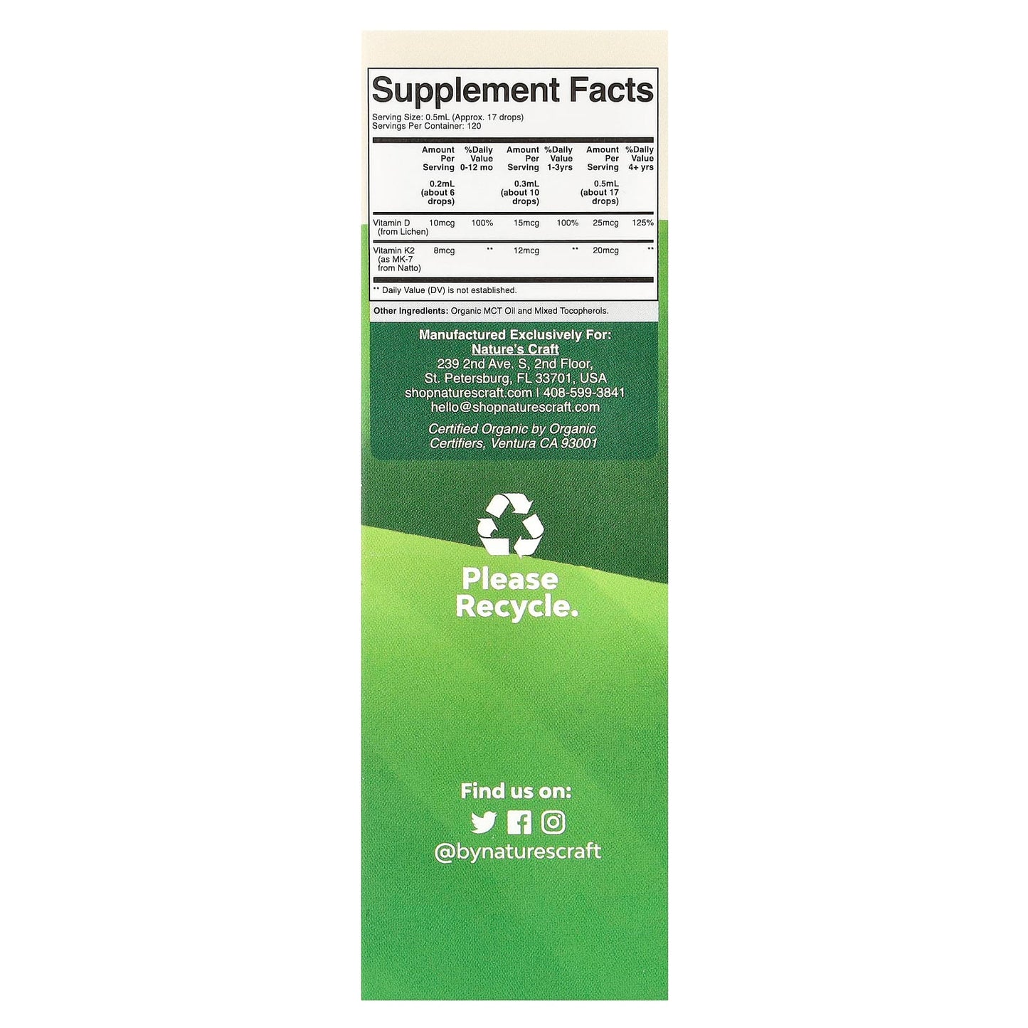 Nature's Craft, Kids Vitamin D3 + K2 Organic Drops, 60 ml - Image 2