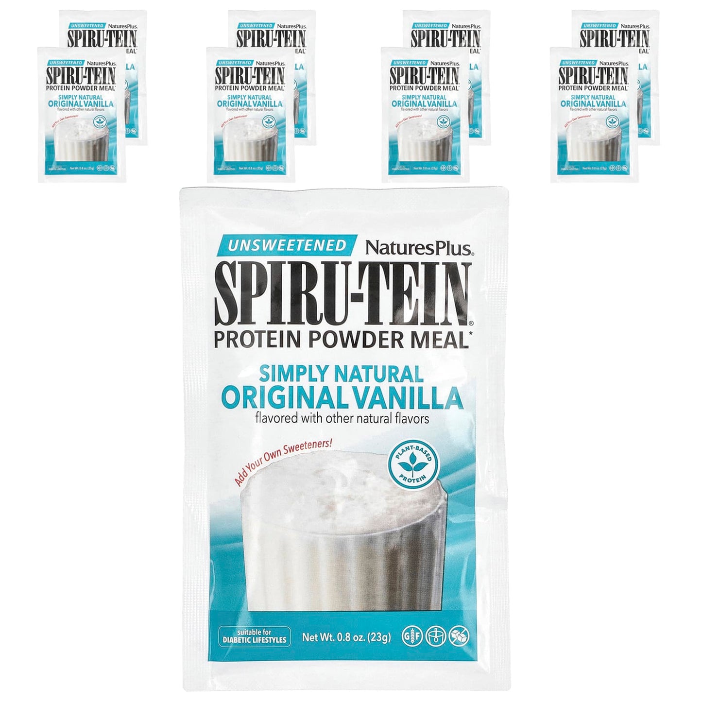 NaturesPlus, Spiru-Tein®, Protein Powder Meal, Unsweetened, Vanilla, 8 Packets, 0.8 oz (23 g) Each - Image 1