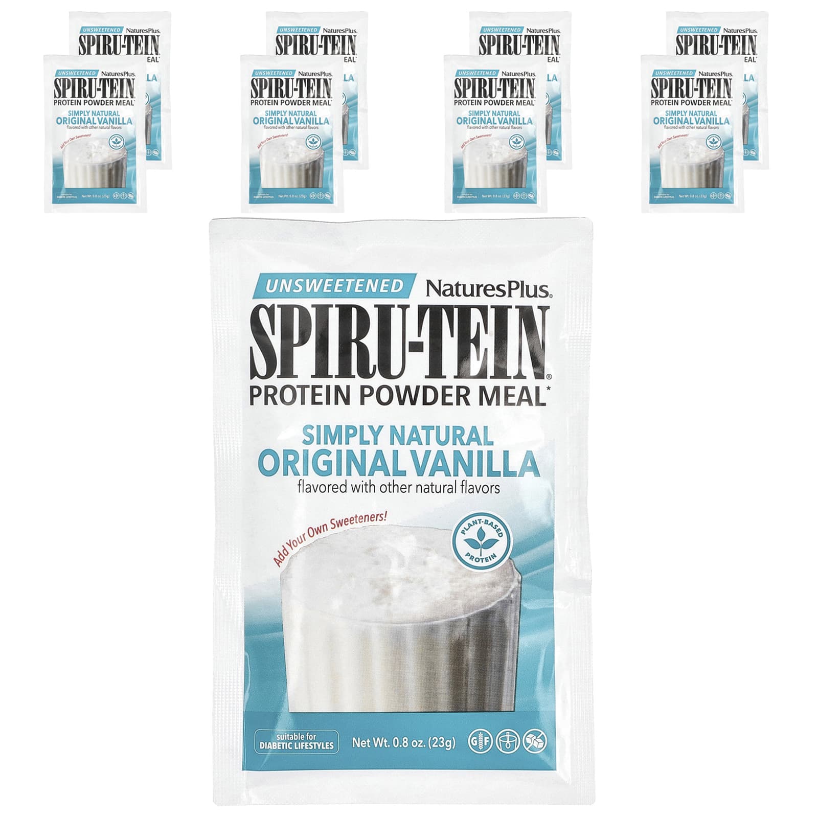 NaturesPlus, Spiru-Tein®, Protein Powder Meal, Unsweetened, Vanilla, 8 Packets, 0.8 oz (23 g) Each - Image 1