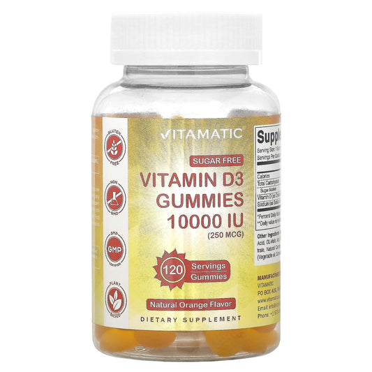 Vitamatic, Sugar Free Vitamin D3, Natural Orange, 250 mcg (10,000 IU), 120 Gummies - Image 1