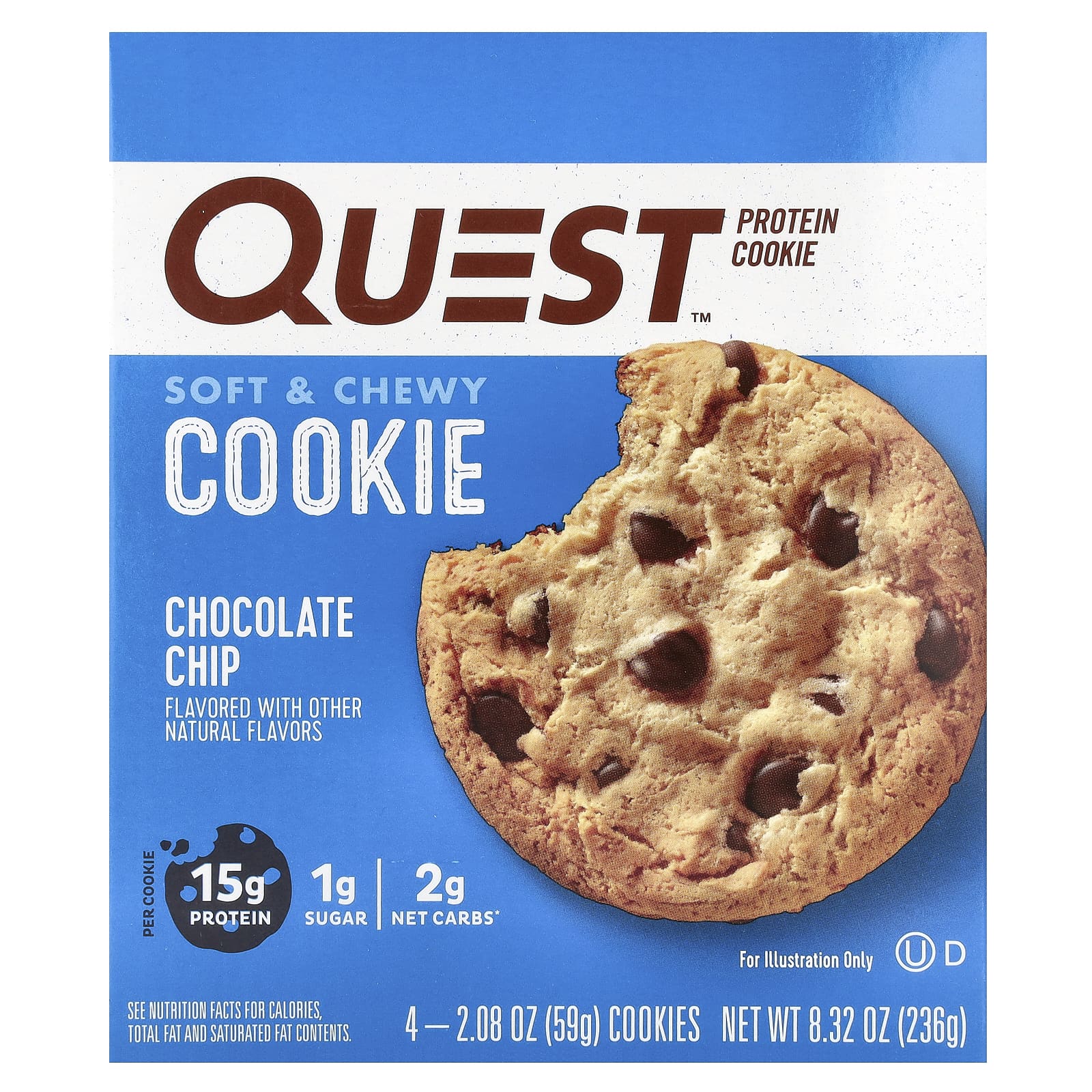 Quest Nutrition, Protein Cookie, Chocolate Chip, 4 Cookies, 2.08 oz (59 g) Each - Image 1